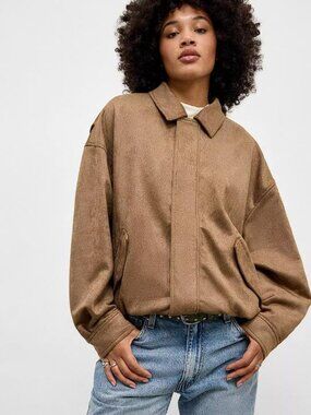 LIONESS Women's Kenny Faux Suede Bomber Jacket Size L in Coffee